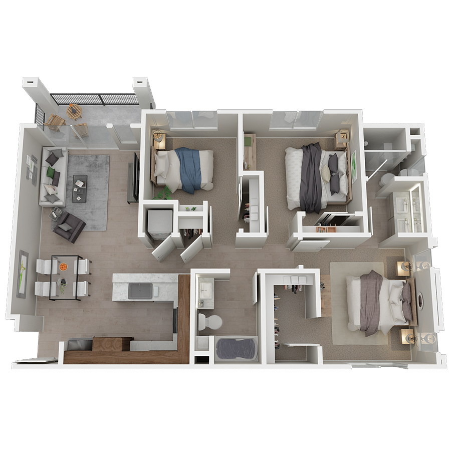 Rendering of the Incline floor plan with 3 bedroom[s] and 2 bathroom[s] at Azure
