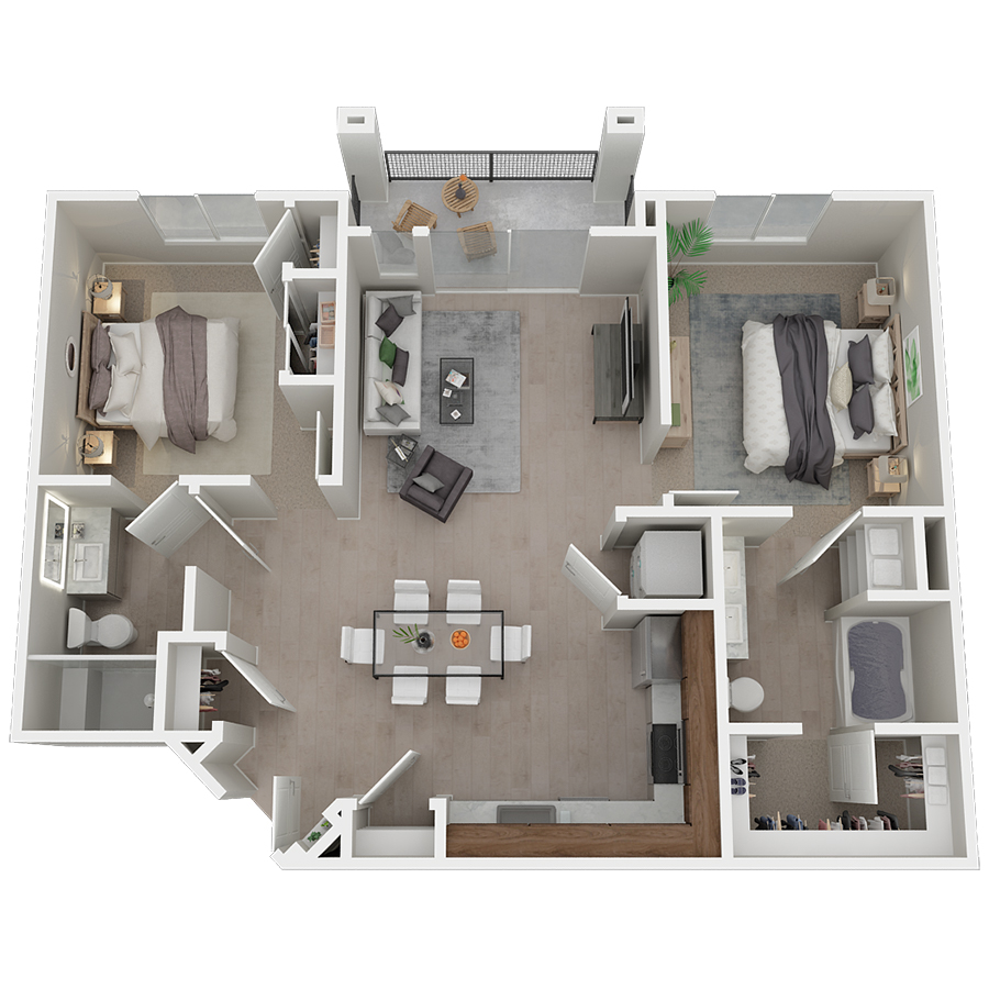 Rendering of the Agate floor plan with 2 bedroom[s] and 2 bathroom[s] at Azure