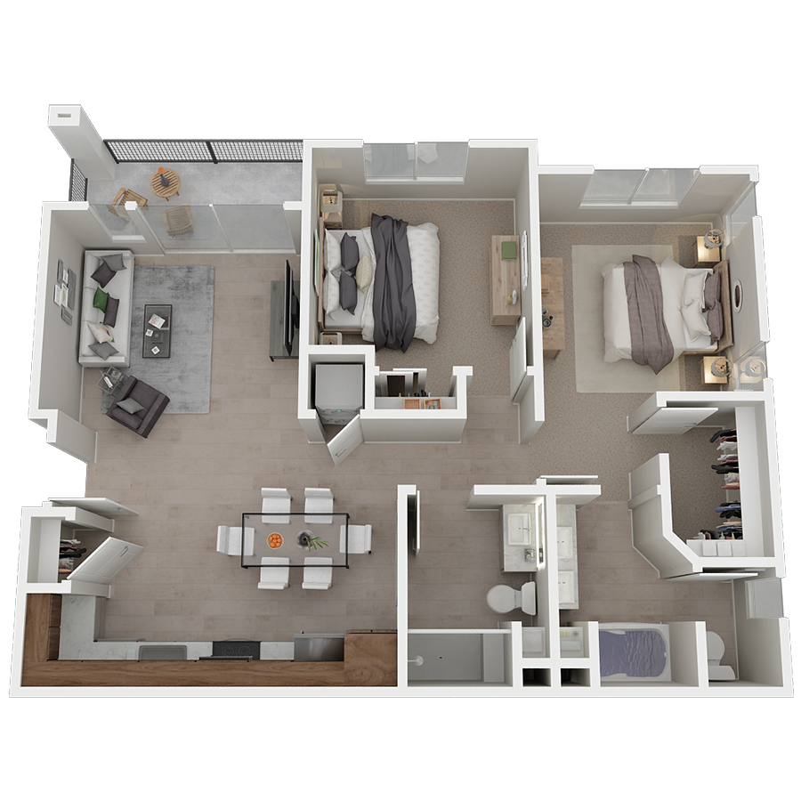 Rendering of the Zephyr floor plan with 2 bedroom[s] and 2 bathroom[s] at Azure