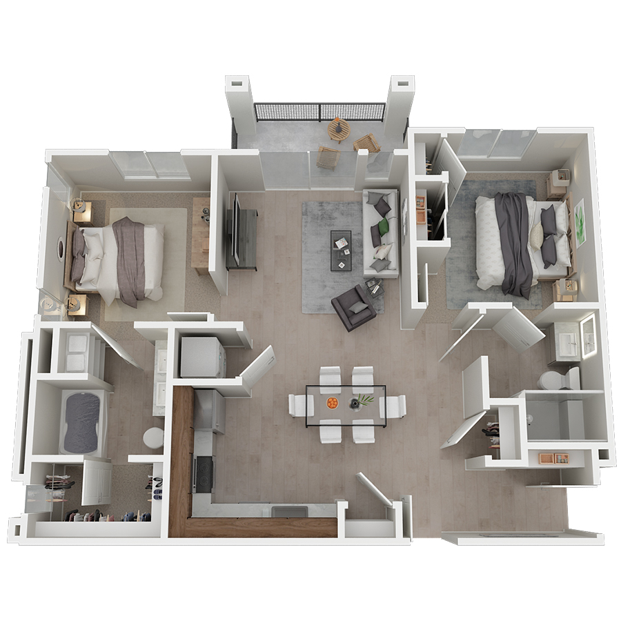Rendering of the Emerald floor plan with 2 bedroom[s] and 2 bathroom[s] at Azure
